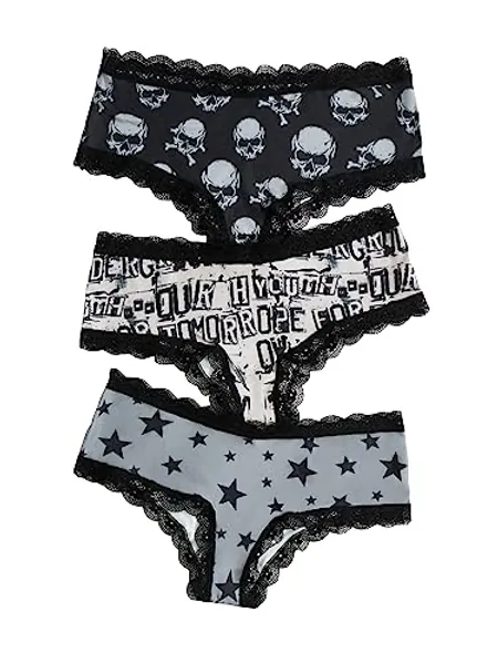 WDIRARA Women's 3 Pack Skull Graphic Print Lace Trim Underwear Panty Set