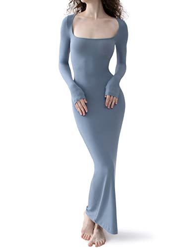 PUMIEY Women's Square Neck Long Sleeve Maxi Dress Ribbed Bodycon Dresses for Women Soft Lounge Dress - X-Large - Aegean