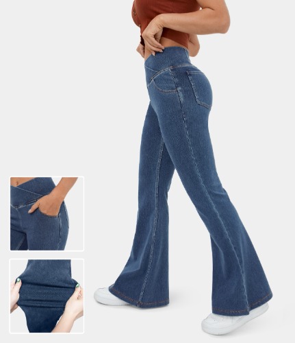 HalaraMagic™ High Waisted Crossover Pocket Washed Stretchy Knit Casual Super Flare Jeans