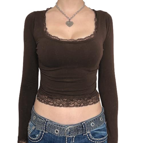 Women Y2k Vintage Long Sleeve Shirt Top Slim Fit Lace Trim T-Shirt Harajuku Fairy Aesthetic Tee Top Streetwear - B 23 Brown - Large