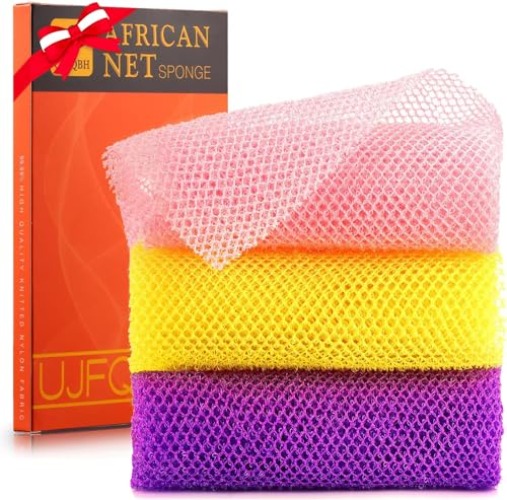 UJFQBH 3 Pieces African Bath Sponge African Net Long Net Bath Sponge Exfoliating Shower Body Scrubber Back Scrubber Skin Smoother,Great for Daily Use (Pink,Yellow,Purple) - Pink,yellow,purple