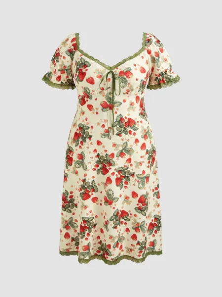 Square Neck Strawberry Graphic Contrasting Lace Trim Midi Dress Curve & Plus