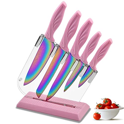Rainbow Damascus Knife Set 6Pcs Non Stick Sharp Kitchen Knives Set with Acrylic Block, Cutlery Knives Block Set, Chef Quality Best Gift Pink Handle Rainbow Blade - Pink Handle-Rainbow Blade-6pcs Set