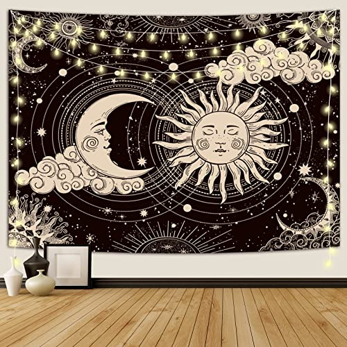 Wonrizon Sun and Moon Tapestry, Aesthetic Black Dark Spiritual Tapestries Mystic Burning Sun with Clouds Star Wall Hanging decor for Bedroom (70.9" x 94.5") - 70.9" x 94.5"