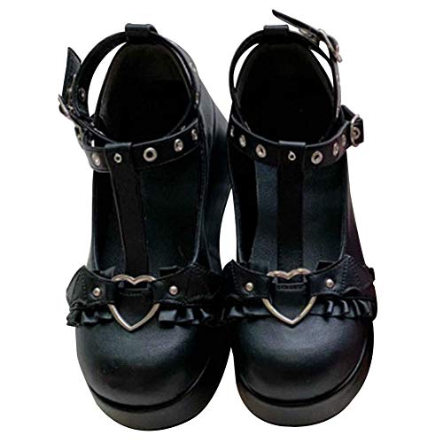 CELNEPHO Womens Mary Jane Shoes for Women, Sweet Bow Round Toe Ankle T-Strap Goth Platform Dress Pumps Shoes Oxfords - 7 - Black