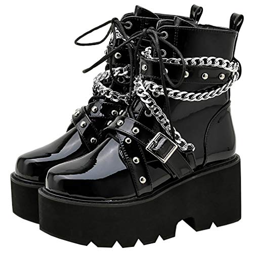 Parisuit Womens Goth Patent Ankle Boots Platform Chunky High Heel Lace Up Combat Boots Punk Short Booties - 4 - Black 1