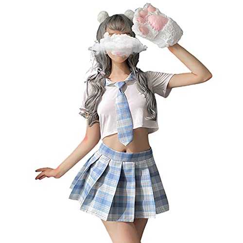 SINGUYUN Japanese School Girls Uniform lattice Pleated Skirt Anime Cosplay Lingerie JK Costume Sexy With Socks - 7039white Blue