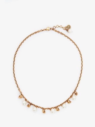 Pearly Skull Necklace Antique Gold for Women | Alexander McQueen
