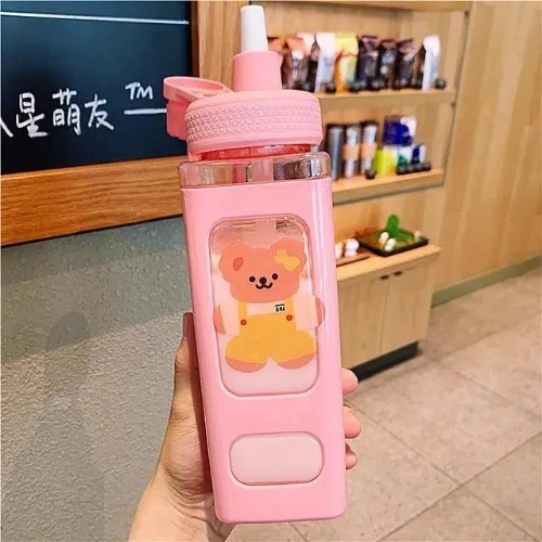 Kawaii Square Bunny and Bear Water Bottles for Stylish Hydration - 700ml / Pink Teddy