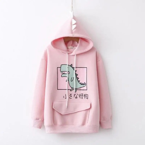 Kawaii Dinosaur Hoodie in Pastel Colors with Cute Japanese Writing - Pink