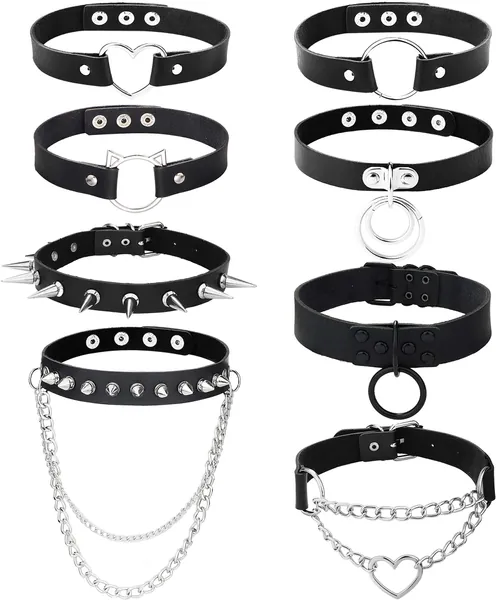 LOLIAS 8Pcs Women's PU Leather Gothic Choker Necklace Set Punk Chain Clavicle Black Leather Choker Sexy Spike Necklace Rock Belt Love Heart Choker Adjustable Collar Choker Cosplayer Halloween Costumes