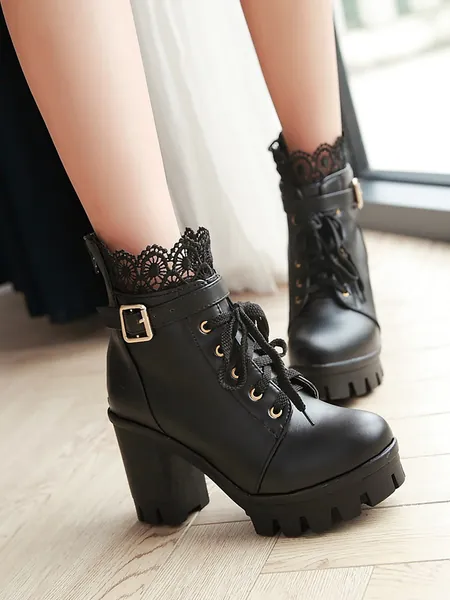Black Solid Lace Decor, Buckle Detail Boots