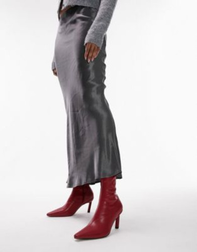 Topshop Olive pointed heeled sock boot in red 