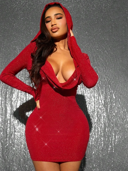 SHEIN SXY Women's Cowl Neck Shiny Sparkle Hooded Dress