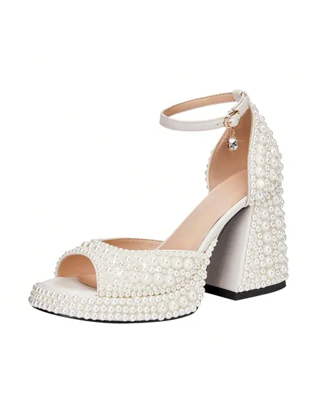 Pure White Handmade Pearl Inlaid Unique Design Bride Wedding Shoes, Fashionable Dance Dress Women Hiking Sandals With Round Toe Chunky Heels Water-Resistant Platform Buckle Closure Sandals Thick High Heel Shoes Height Increase Shoes