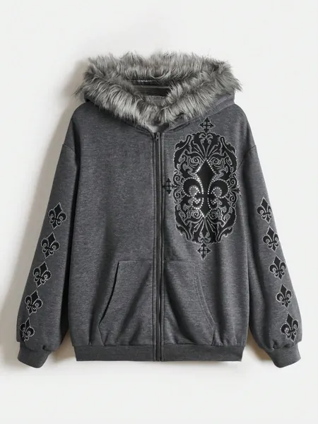 ROMWE Fairycore Women's Plus Size Rhinestone Decor Spliced Hoodie