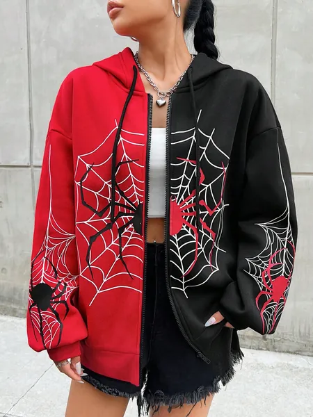  Coolane Women's Contrast Spider Web Print Drawstring Hooded Sweatshirt