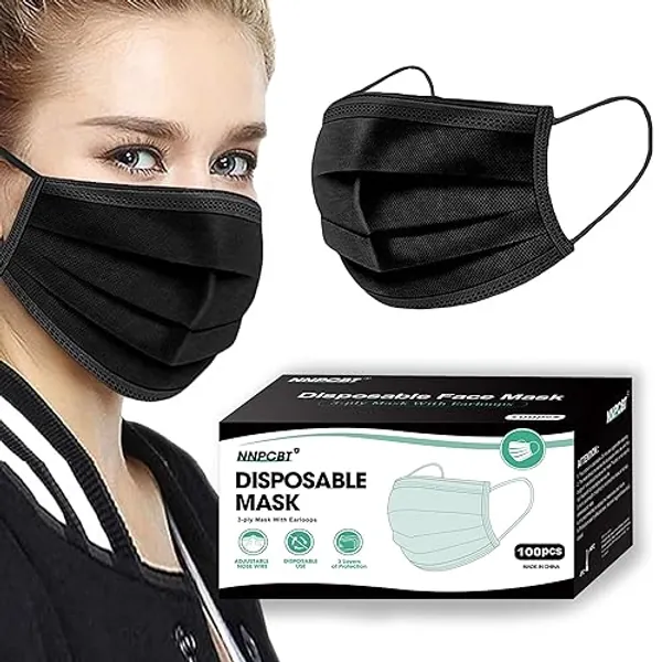 NNPCBT 100PCS 3 Ply Black Disposable Face Mask Filter Protection Face Masks - Adult-100 Pack-black