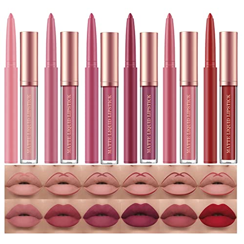 BestLand 12Pcs Matte Liquid Lipstick + Lip Liner Pens Set, One Step Lips Makeup Sets Pigment Velvety Nude Lip Stain Waterproof Long Wear Lip Gloss Make up Gift Set (Set B) - Set B