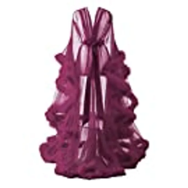 Changuan Sexy Feather Robe Long Fur Tulle Maternity Photoshoot Bridal Robe Lingerie Sleepwear - Small-Medium Desert Rose