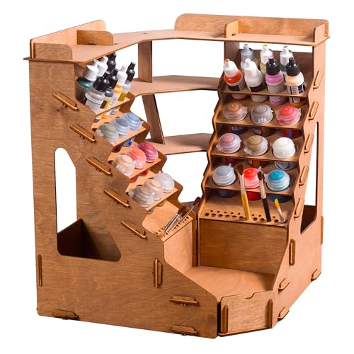 Plydolex Wooden Corner Paint Organizer for 32 Bottles of Paints and 46 Paint Brushes - Rack with 6 Miniature Stands and Scene for Photo-Shooting - Intended for Miniature Paint Set - Citadel/Vallejo 32 holes
