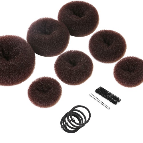 Donut Hair Bun Maker 7 Pieces, Teenitor Ring Style Bun Maker Set with Hair Bun Makers (1 extra-large, 2 large, 2 medium and 2 small), 5 pieces Hair Elastic Bands, 20 pieces Hair Pins, Dark Brown - A-Brown