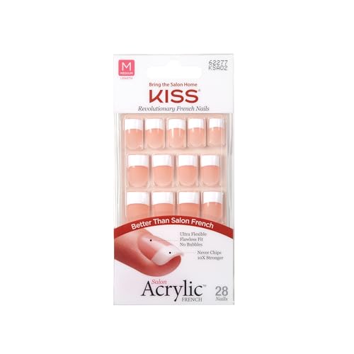 KISS Salon Acrylic Press On Nails, Nail glue included, 'Sugar Rush', French, Medium Size, Square Shape, Includes 28 Nails, 2g Glue, 1 Manicure Stick, 1 Mini File - Sugar Rush - Medium