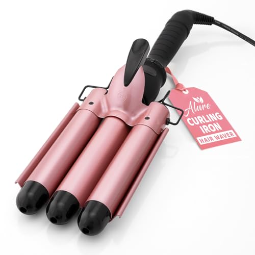 Alure Three Barrel Hair Waver/Crimper with LCD Temperature Display in Celsius - 1 Inch Ceramic Tourmaline Triple Barrels, Dual Voltage Crimp Iron - Rose Gold