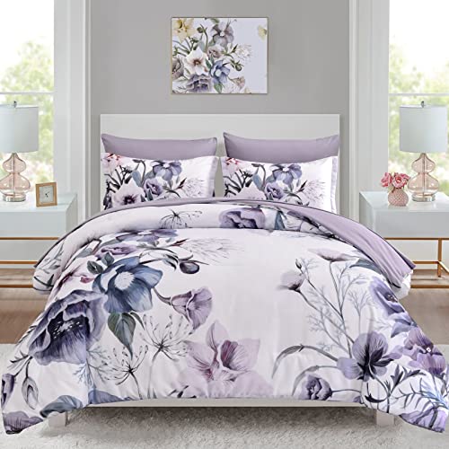 Luxudecor Floral Comforter Set King Size 7 Piece, Purple Flower Bed in a Bag, Elegant Floral Comforter with Sheet Set, Soft Microfiber Bedding Set for All Season (Purple, 104"x90") - King Size - Purple