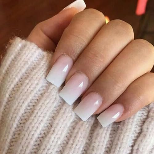 KQueenest Ombre Pink Press on Nails Short Medium Square Glue on Nails White and Pink,French Manicure Fake Nails Short Coffin Acrylic Nails Press on Spring Summer Gel Nails For Women False Nails 24 Pcs - ombre pink