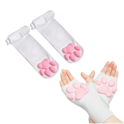 Cat Paw Thigh High Socks Golves, Cute Soft 3D Toe Beans Socks Mittens Kitten Claw Pad Socks for Girl Women Cosplay Set… - White Socks and Short Gloves