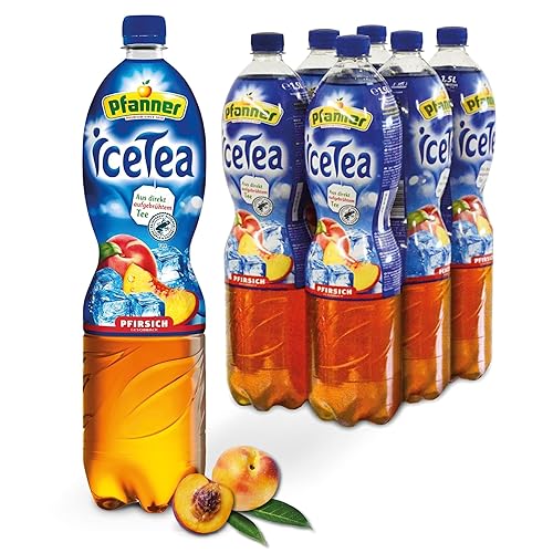 Pfanner Eistee Pfirsich – 6 x 1,5 l Vorratspack - direkt aufgebrühter Tee mit Pfirsichsaft – Ice Tea Flaschen - Pfirsich