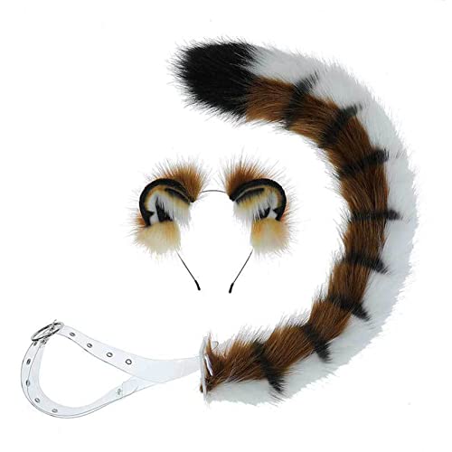 JUNBOON Faux Fur Cat Ears Headband Furry Long Fox Tail Costume Set Halloween Anime Party Kitty Cosplay Kits - 5-brown