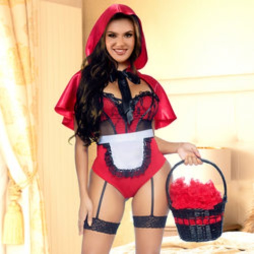 Plus Size Red Riding Hood Cosplay Garter Belt Suit - 3XL / Red