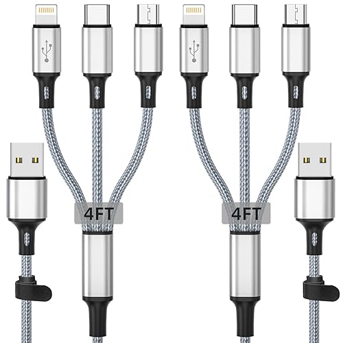 Multi USB Charging Cable 3A, 3 in 1 Charger Cord with iPhone/USB C/Micro USB, 480Mbps Data Transfer Lightning Connector, Universal Charging Cable Compatible with iPhone 15/Samsung(4FT/2Pack/Grey) - 4FT - 3 in 1 - Grey