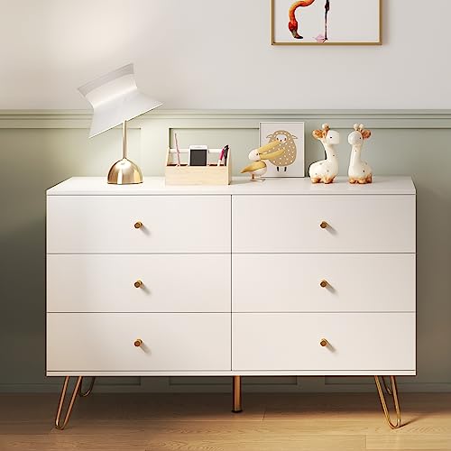Vrullu Dresser for Bedroom with 6 Drawer, Wood Dressers & chests of Drawers with Gold Knobs, Modern Storage Drawers for entryway, Closet, Hallway (1, White) - 1 - White