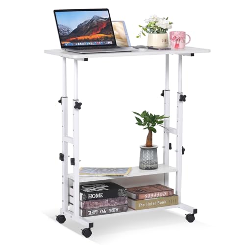 Small Standing Desk Adjustable Height, Mobile Stand Up Desk with Wheels, 32 Inch Portable Rolling Desk Small Computer Desk, Portable Laptop Desk Standing Table Sit Stand Home Office Desks White - White