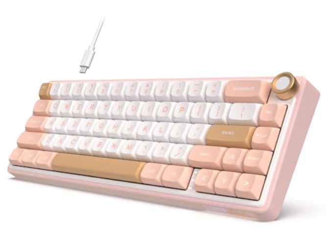 RK ROYAL KLUDGE R65 Wired Mechanical Keyboard with Volume Knob, 60% Percent RGB Backlit Gasket Mount Gaming Keyboard with PBT Keycaps, MDA Profile, QMK/VIA, 66 Keys Hot Swappable Cream Switch, Pink - Hot-Swappable Cream Switch - Pink
