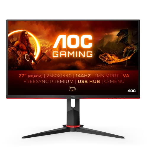AOC Écran gaming Q27G2U 80 cm (27 pouces) (QHD, HDMI, DisplayPort, FreeSync, temps de réponse de 1 ms, 144 Hz, 2560x1440) noir/rouge - Hauteur réglable - USB hub - 27 Pouces QHD - 155Hz - VA