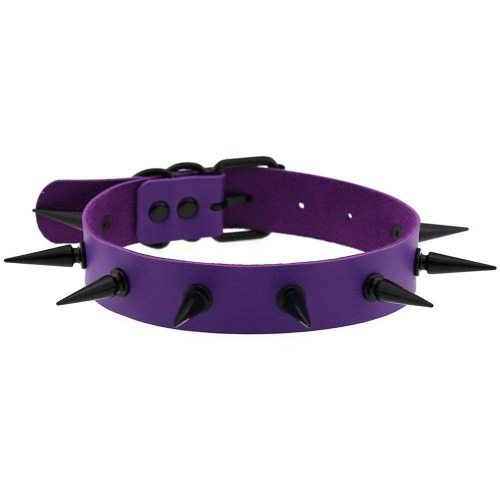 Black Leather Spike Collar - Purple