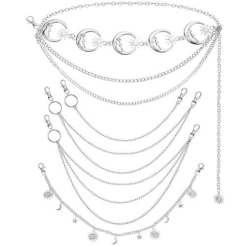 Jadive 5 Pieces Chain Belt Jeans Pants Chain Pocket Waist Chain Multi-Layer Hip Hop Metal Wallet Chain for Men Women - Moon, Silver