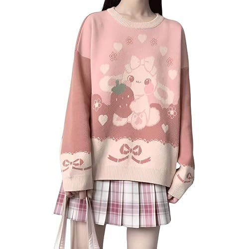Pastel Goth Harajuku Fashion Soft Warm Crewneck Kintted Kawaii Pink Cartoon Strawberry Bunny Print Pullover Sweater - Medium - Coral Pink