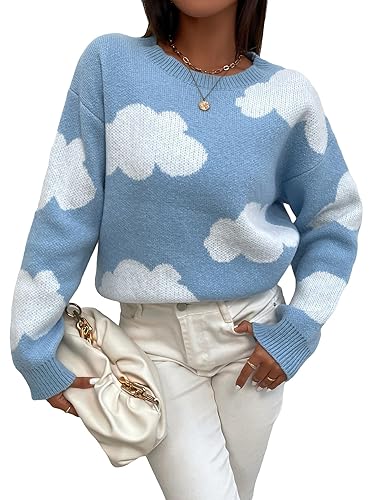 SHENHE Women's Crewneck Drop Shoulder Cloud Pattern Casual Sweater Pullover Jumper - Large - Blue