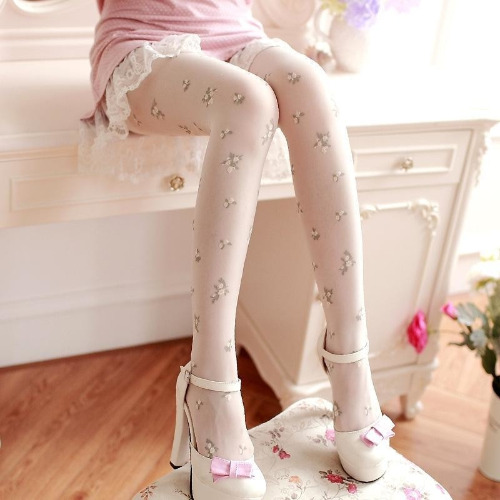 Elegant Floral Tights - White