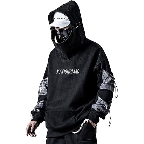 XYXIONGMAO Streetwear Techwear Hoodie Cyberpunk Tactical Mens Black Urban Hip Hop Japanese Sweatshirt - M - Black
