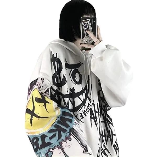 MOMEITU Gothic women's hooded sweater female raw bag easier doodle print plus velvet thick long sleeve shirt - XX-Large - White
