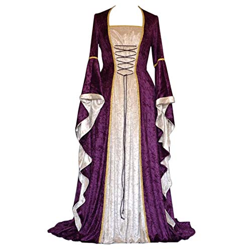 Renaissance Medieval Marie Antoinette Ball Gown Victorian Lace Up Flare Sleeve Long Gown Halloween Party Costume - Large - 17-purple