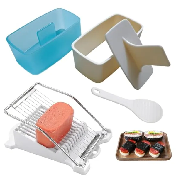 Spam Musubi Mold, 4 Pcs Musubi Maker Kit Spam Slicer Musubi Press Sushi Rice Onigiri Mold Set Egg Cutter for Luncheon Meat Hot Dog Cheese Strawberry Lunch Bento - 4pc-Beige/Blue