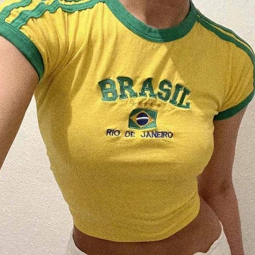 Womens Aesthetic BRASIL Letter Print T-Shirt and Shorts Suit, Vintage Grunge  Short Sleeve Baby Tees, Summer Crop Top Y2k Clothe - AliExpress 200000345