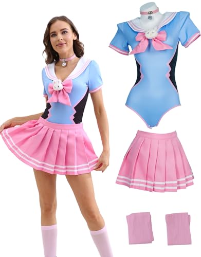 Mobbunny Women Bunny Bodysuit Skirt Set With Socks Romper Onesie Pajamas Button Crotch Daily Halloween - Large - Blue